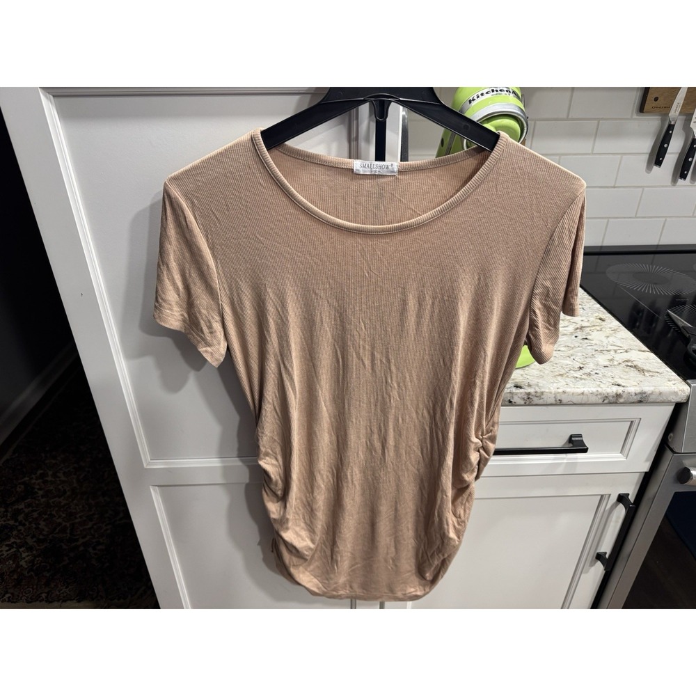 Smallshow Maternity Shirt XL Tan Short Sleeve Ruched Womens a